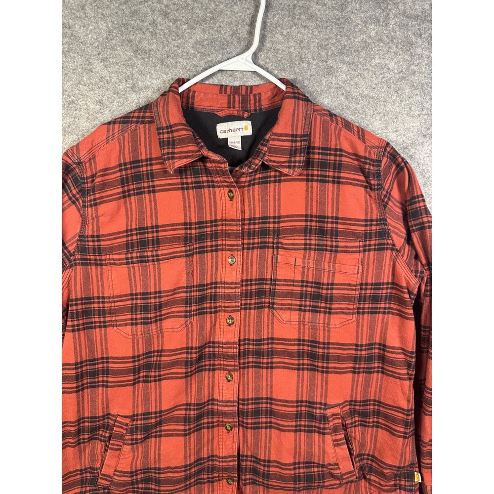 Carhartt Fleece Lined Flannel Shirt Jacket Mens XL Red Black Plaid Heavyweight